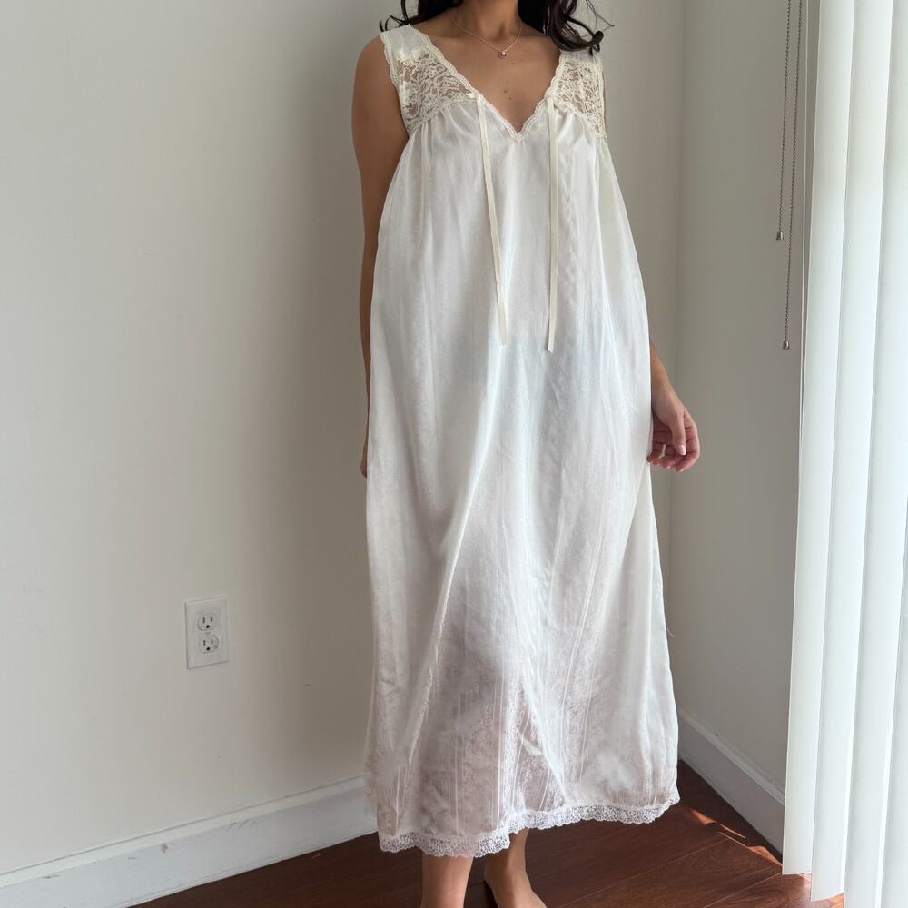 Vintage Christian Dior Nightgown Medium White Satin Maxi Lace Cottage Regency